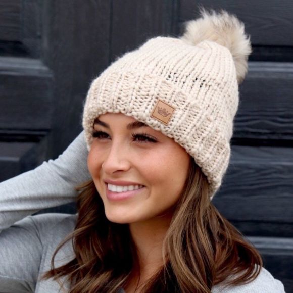 Cream Color Fleece Lined Pom Beanie - Picture 1 of 5